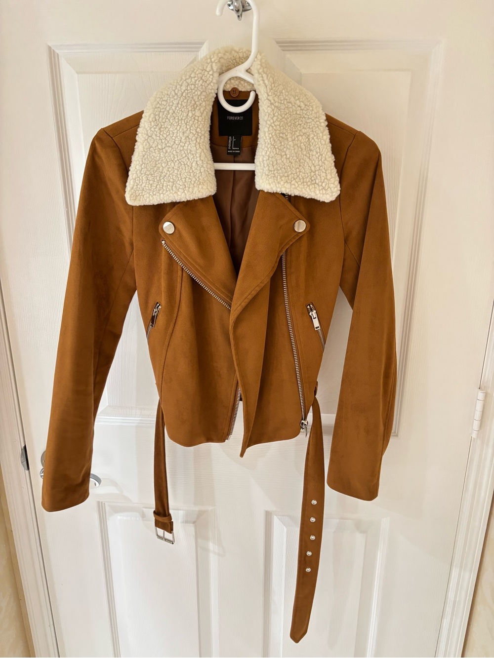 Forever 21 Tan Faux-Suede Moto Jacket with Cream Sherpa Collar